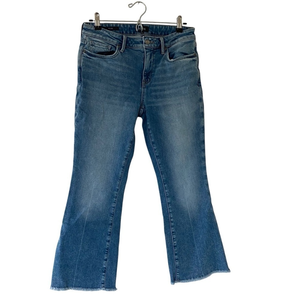 NYDJ Cropped Flare Leg High Waist Ankle Jean in Quinta wash size 6 blue raw hem